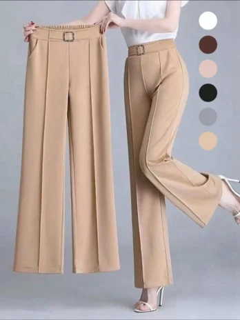 Pantalon Palazzo Décontracté Ample à Jambes Droites pour Femme Couleur Unie Élégante avec Rayures Discretes