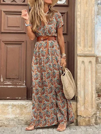 Robe mi-longue plissée florale en forme de H pour femmes col en V, manches bouffantes robe d’été élégante