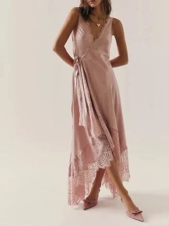 Robe d’été élégante pour femmes col en V garniture en dentelle florale Patchwork sans manche