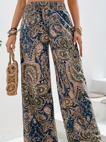 Bohème taille haute taille élastique imprimé jambe large pantalons droits décontractés d’été nouvelle tendance Vintage