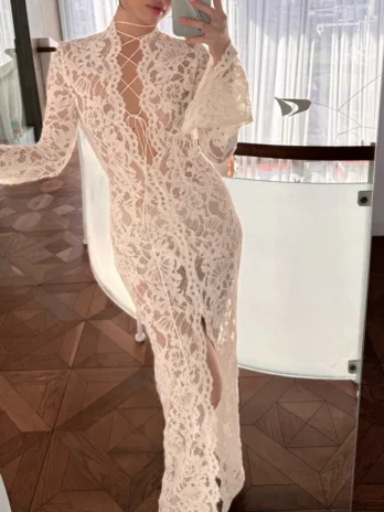 Robe Maxi Sexy en dentelle blanche imprimée pour femmes transparente