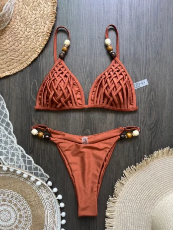 Sexy marron Bikini ensemble femmes perles sangle trou sur Push Up soutien-gorge string maillot de bain brésilien plage