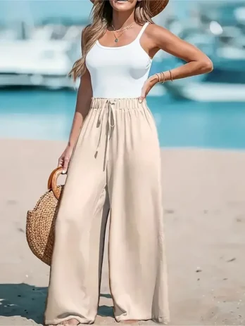 Pantalon large en coton et lin pour femme taille haute avec cordon de serrage élastique coupe décontractée et tombé fluide