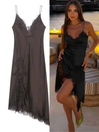 Robe dentelle Satin robe pour femmes Sexy col en v sans manches dos nu fente soirée