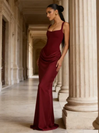 Robe longue de style français avec coupe slim et bretelles en satin plissé
