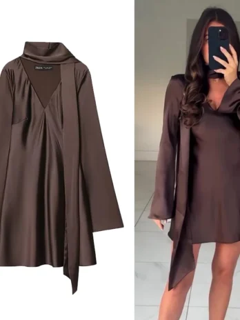 Robe courte en satin été automne nouveau à manches longues écharpe col en V Mini robe femme élégante robes de soirée