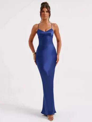 Robe sexy en satin licou robe longue à bretelles dos nu