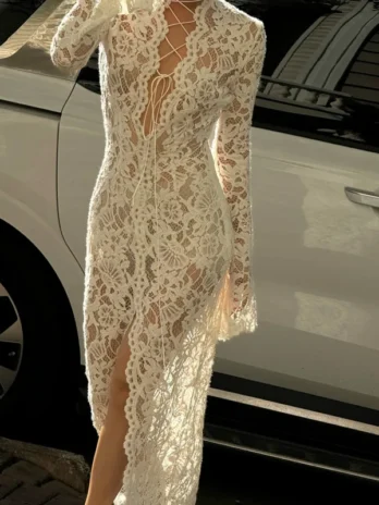 Robe Maxi Sexy en dentelle blanche imprimée pour femmes transparente