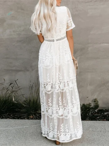 Jastie été Boho femmes robe Maxi lâche broderie dentelle blanche longue tunique robe de plage vacances femmes vêtements