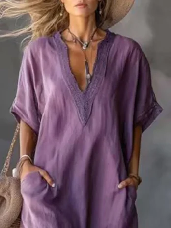 Robe Kaftan Bohème Rétro Unie pour Femme Col en V Bordure en Dentelle Ample Longue