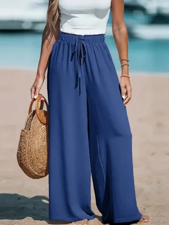 Pantalon large en coton et lin pour femme taille haute avec cordon de serrage élastique coupe décontractée et tombé fluide