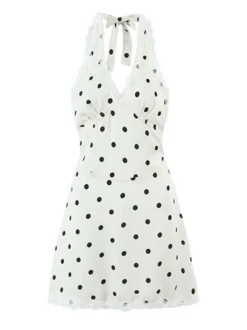 YENKYE dentelle épissé à pois Robe licou femmes élégante Sexy dos nu Robe d’été
