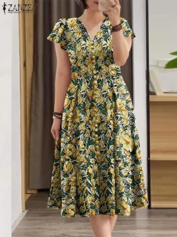 ZANZEA-Robe mi-longue à imprimé floral pour femme, taille cintrée, col en V élégante manches courtes été