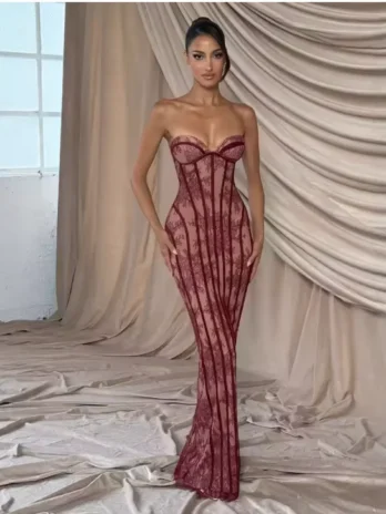 Robe de soirée chic en gaze à motif arête de poisson élégante sans bretelles avec broderie en dentelle