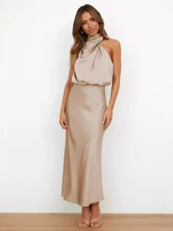 Robe longue en satin pour femme col halter sans manches élégante pour soirée fête et cérémonie