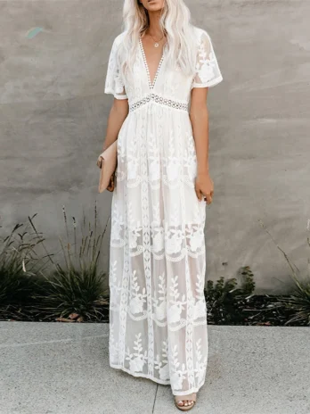 Jastie été Boho femmes robe Maxi lâche broderie dentelle blanche longue tunique robe de plage vacances femmes vêtements