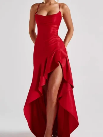 Robe Longue en Satin Sexy de Luxe avec Volants et Dos Nu Robe de Soirée