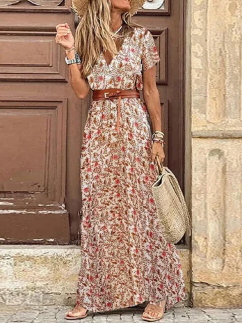 Robe mi-longue plissée florale en forme de H pour femmes col en V, manches bouffantes robe d’été élégante
