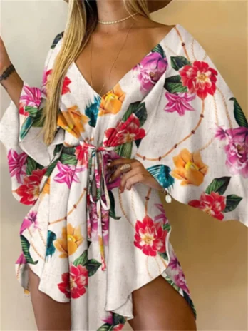 Robe imprimée Sexy col en v manches chauve-souris volants fleurs imprimer bohème plage robe d’été dames en vrac vacances
