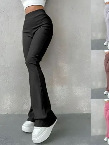 Pantalon Slim côtelé pour femmes couleur unie taille haute évasé montrant les jambes plus longues pantalon de sport