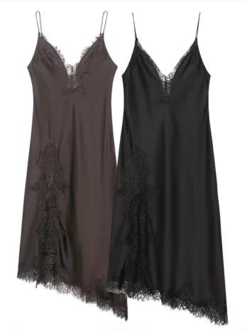Robe dentelle Satin robe pour femmes Sexy col en v sans manches dos nu fente soirée