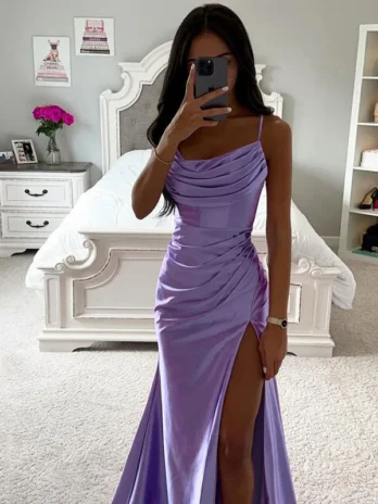 Robe Longue en Satin Sans Bretelles Froncée avec Fente Latérale Style Européen et Américain