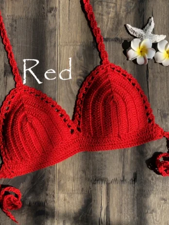 CROCHET BIKINI-Haut crop top tricoté à la main pour femme sexy push up, débardeur de plage, col licou soutiens-gorge de yoga