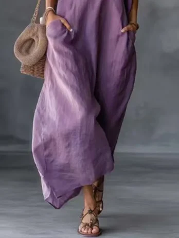 Robe Kaftan Bohème Rétro Unie pour Femme Col en V Bordure en Dentelle Ample Longue