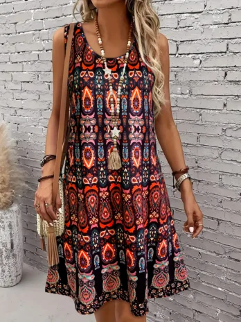 Robe sans manches imprimée Vintage pour femmes, robe d’été à épaules dénudées, robe de plage Boho décontractée