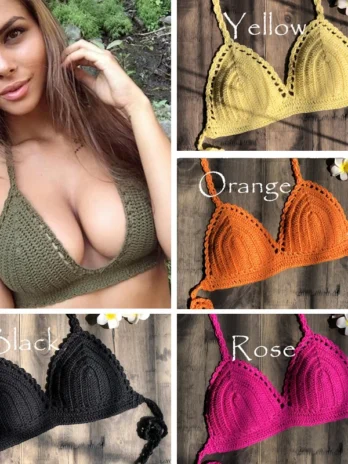 CROCHET BIKINI-Haut crop top tricoté à la main pour femme sexy push up, débardeur de plage, col licou soutiens-gorge de yoga