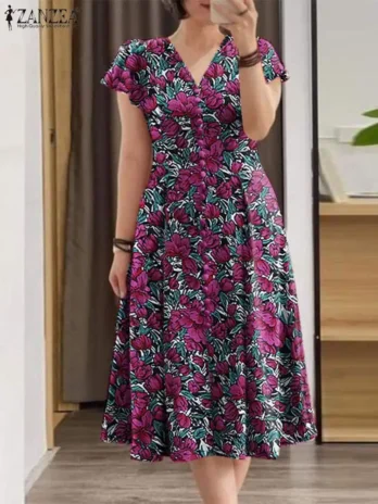 ZANZEA-Robe mi-longue à imprimé floral pour femme, taille cintrée, col en V élégante manches courtes été