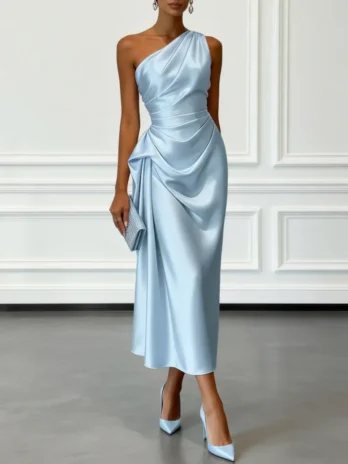 Robe midi en satin à une épaule avec taille froncée élégante robe de soirée sans manches