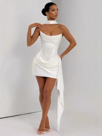 Mini robe drapée en Satin blanc Sexy avec écharpe