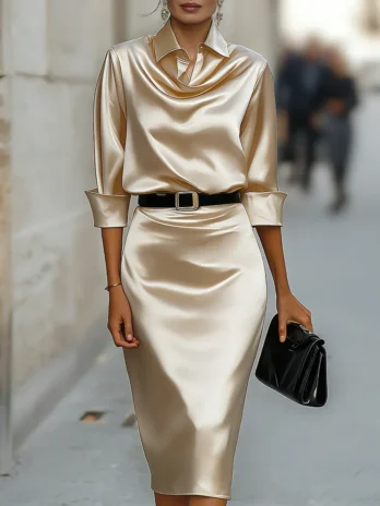 Robe chemise en satin à col bénitier avec ceinture robe moulante mi-longue à manches longues pour femme