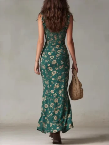 Robe longue bohème à imprimé floral sexy et drapée élégante avec lacets tenue de plage pour femme