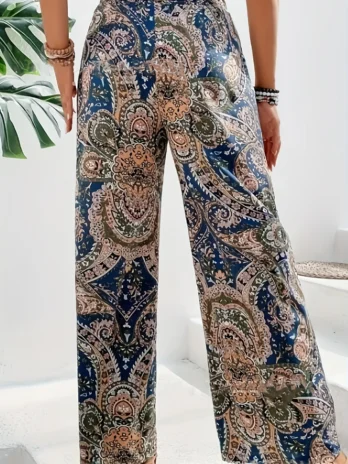 Bohème taille haute taille élastique imprimé jambe large pantalons droits décontractés d’été nouvelle tendance Vintage