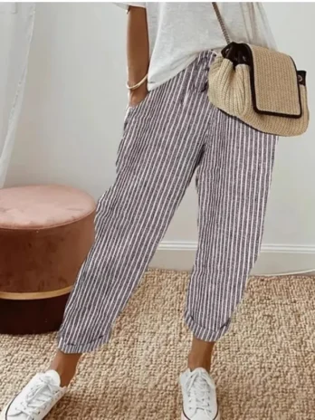 Pantalon d’été transfrontalier européen et américain pour femmes nouvelle mode ample imprimé à rayures taille élastique, cordon