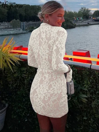 Hugcitar-Mini robe à col roulé, manches longues évasées, patchwork, dentelle, évider, bouton, sexy, vêtements pour femmes, fête, boîte de nuit, printemps 2025