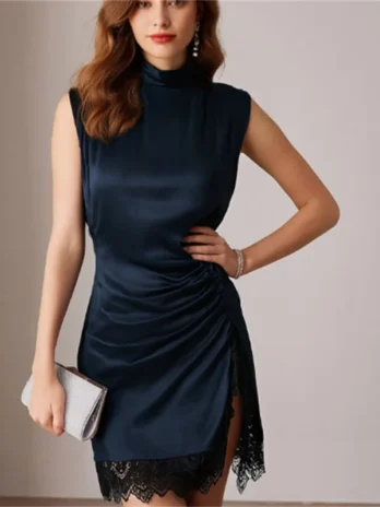 High-Street Chic Mini robe en dentelle patchwork de satin de soie pour femme