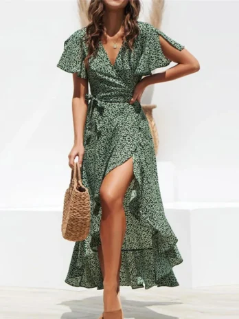 Robe longue en mousseline de soie pour femmes imprimé floral style boho volants ronds décontracté col en v fendue
