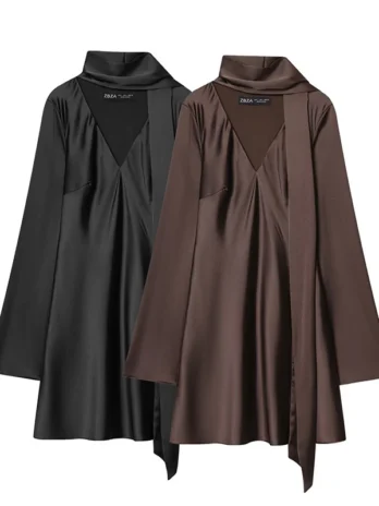 Robe courte en satin été automne nouveau à manches longues écharpe col en V Mini robe femme élégante robes de soirée