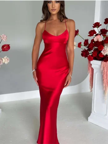 Robe sexy en satin licou robe longue à bretelles dos nu