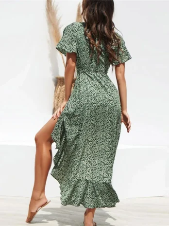 Robe longue en mousseline de soie pour femmes imprimé floral style boho volants ronds décontracté col en v fendue