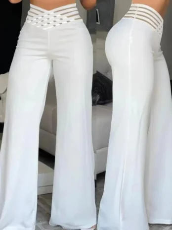 Pantalon évasé à jambes larges pour femmes décontracté croisé Patch en maille transparente taille haute Streetwear Y2k