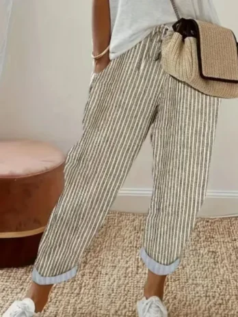 Pantalon d’été transfrontalier européen et américain pour femmes nouvelle mode ample imprimé à rayures taille élastique, cordon